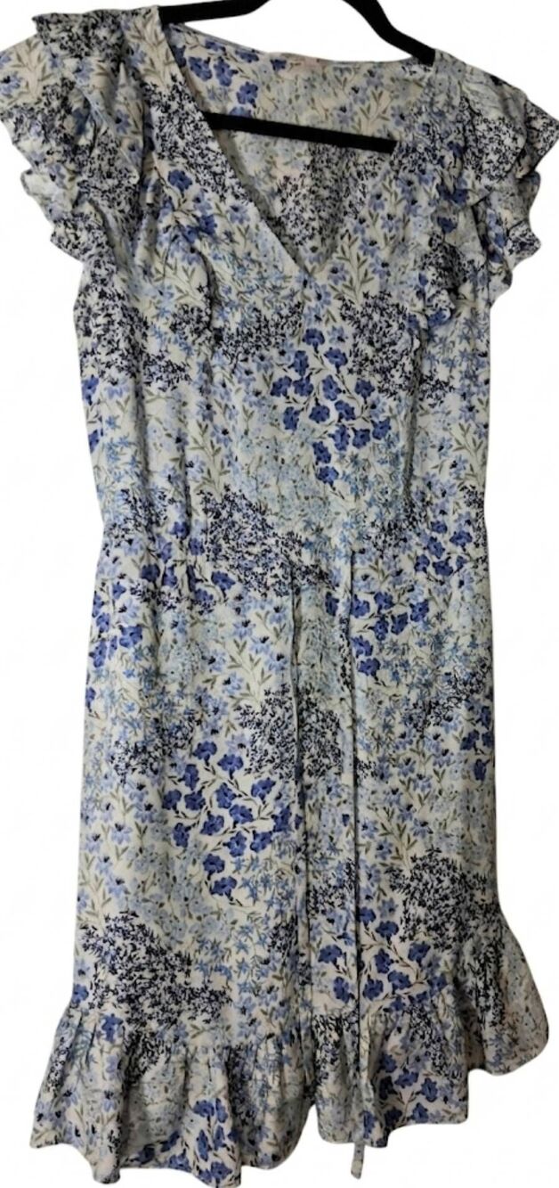 Rebecca Taylor womens size 2 dress blue ruffle silk floral boho cottagecore